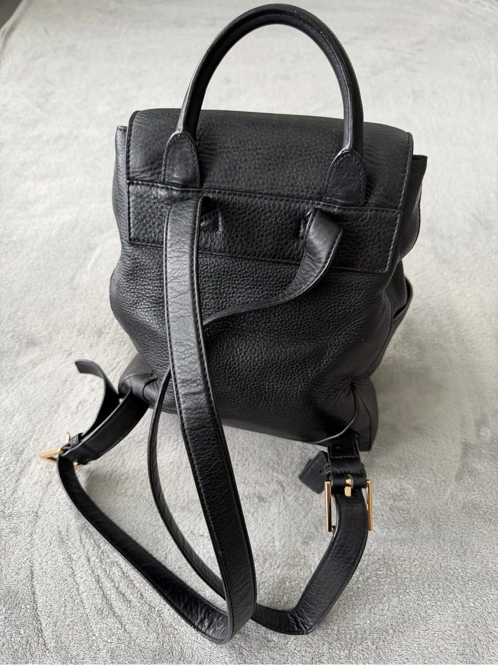 Tory Burch Black Pebbled Leather Logo Drawstring Backpack with Gold Hardware